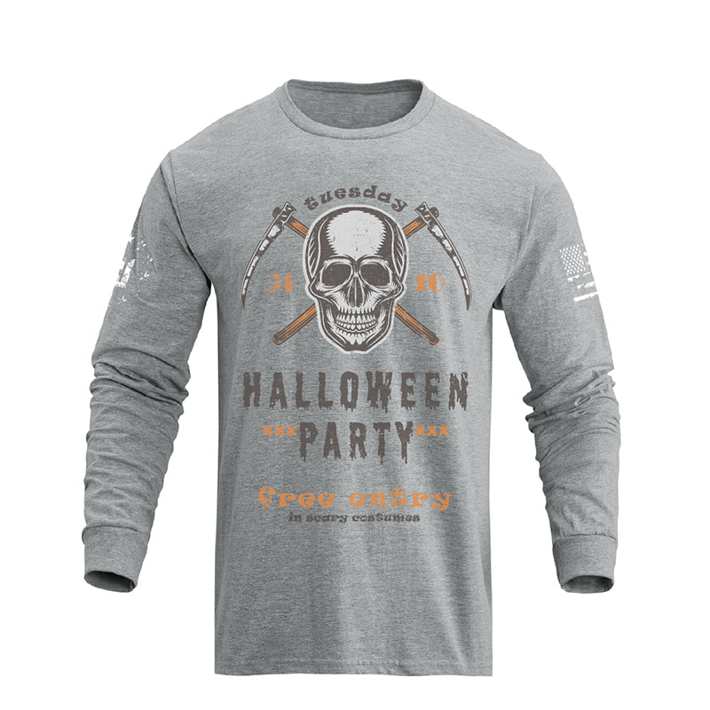 Camiseta de manga larga con calavera de Halloween y ajuste relajado de 100% algodón para hombre