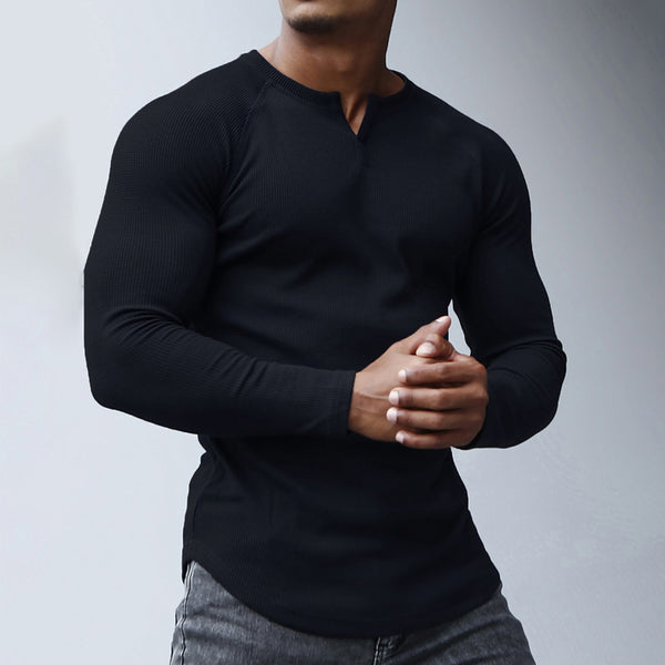 Hyfol Waffle Henley Neck Long Sleeve T-shirt Men | Long