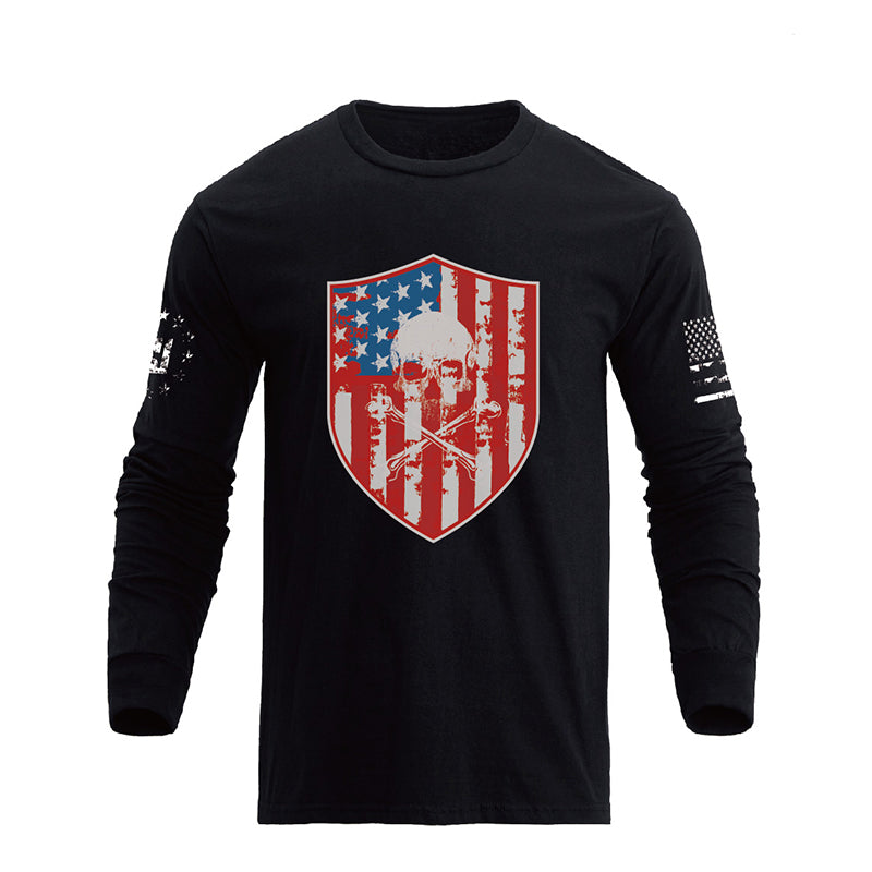 USA FLAG SHIELD SKULL GRAPHIC LONG SLEEVE T-SHIRT